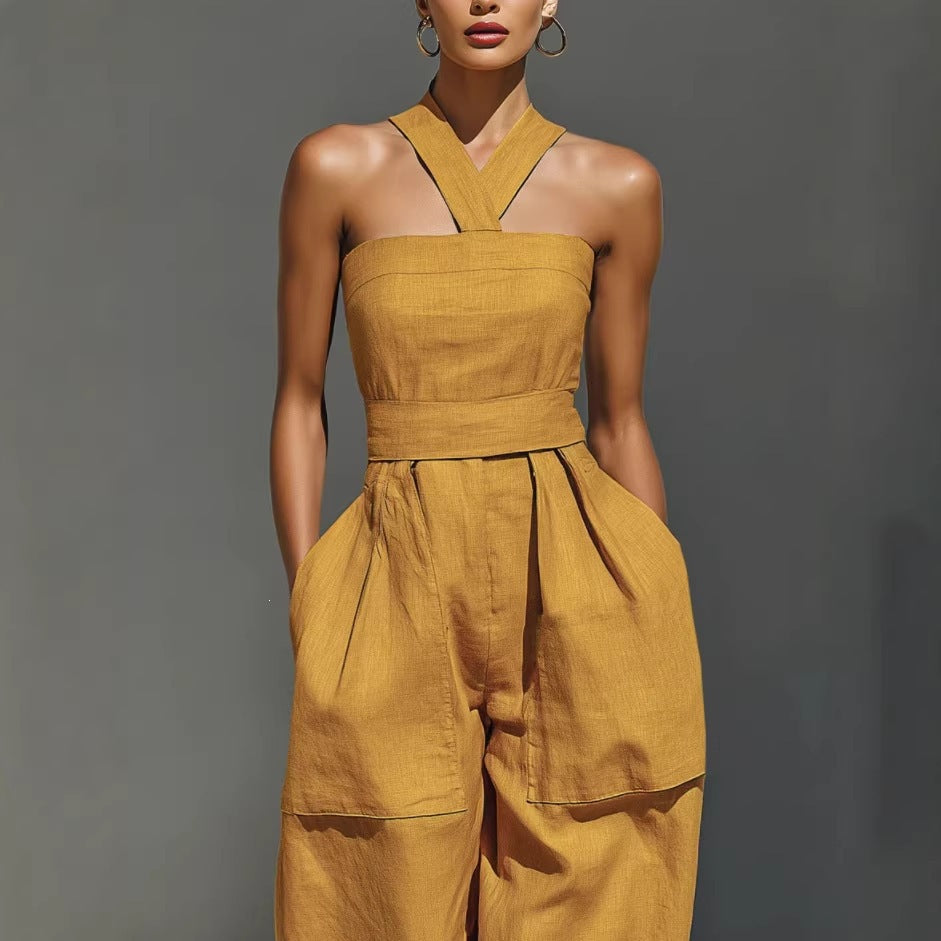 Women's Linen Blend Cross Halter Neck Loose Jumpsuit Casual Summer Vacation Outfit - Seldom Seen Styles