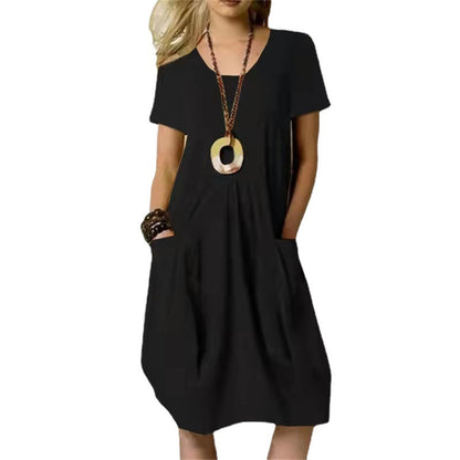 Women's Cotton Linen Loose Midi Dress Casual Short Sleeve Pocket Shift Dress