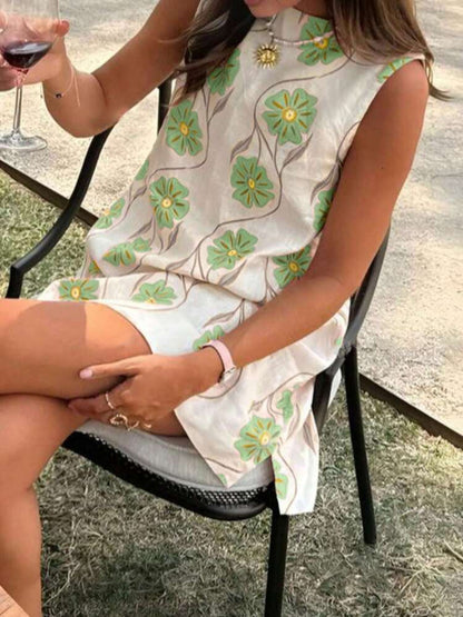 Women's summer new casual pink flower round neck sleeveless vest dress