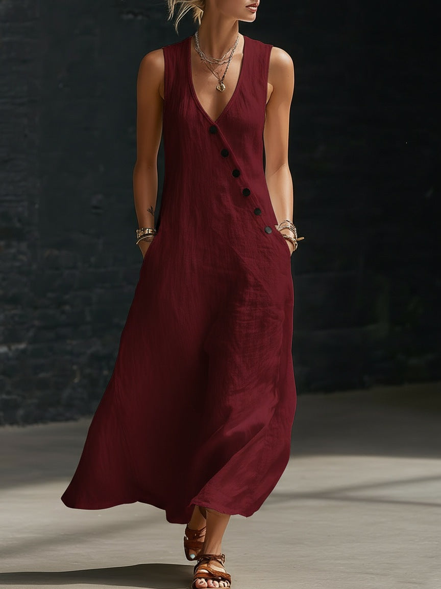 Women's V-Neck Cotton Linen Sleeveless Vest Maxi Dress Casual Summer Beach Vacation Boho Outfit - Seldom Seen Styles
