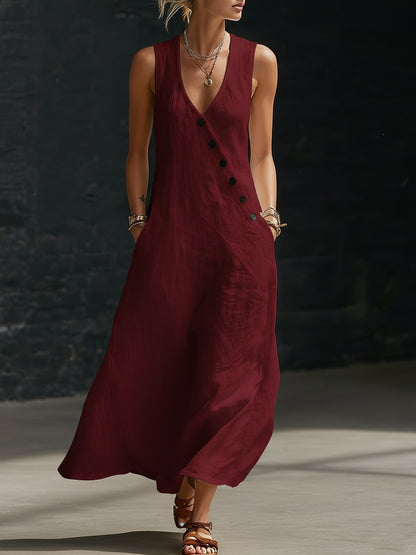 Women's V-Neck Cotton Linen Sleeveless Vest Maxi Dress Casual Summer Beach Vacation Boho Outfit