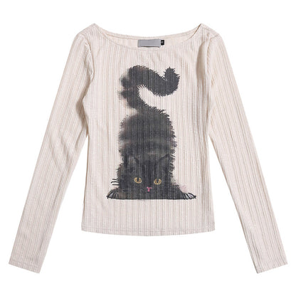 Retro Fluffy Cat Ribbed Knit Long Sleeve Top