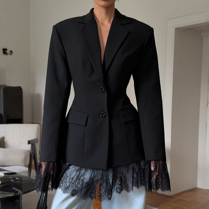 Women's Lace Trim Blazer Elegant Tailored Waist Slim Fit Long Sleeve Suit Jacket - Seldom Seen Styles
