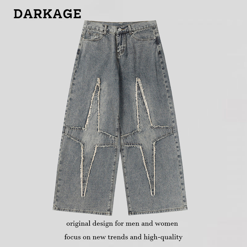 DARKAGE Raw Edge Four-Pointed Star Wide-Leg Jeans