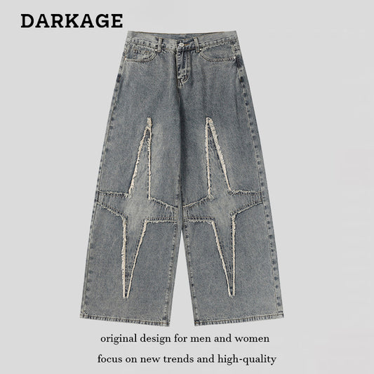 DARKAGE Raw Edge Four-Pointed Star Wide-Leg Jeans