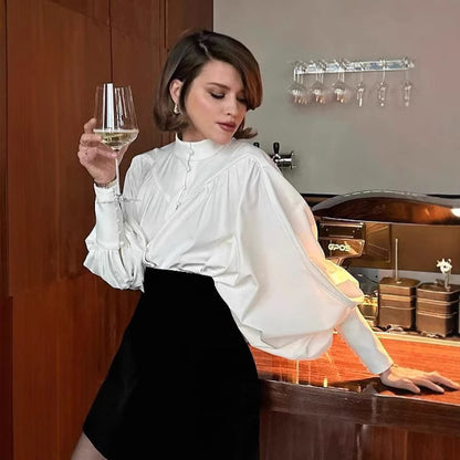 Women's Victorian Lantern Sleeve Blouse Elegant High Neck Long Sleeve White Shirt