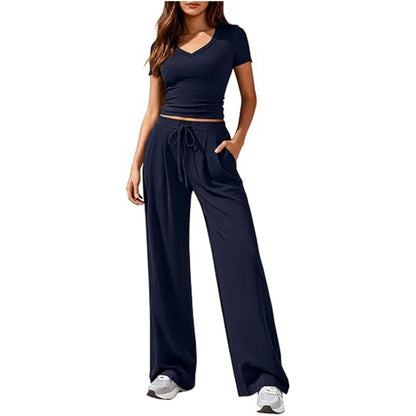 Women's Solid Color V-Neck Top Wide Leg Trousers Two Piece Set Casual Summer Vacation Outfit