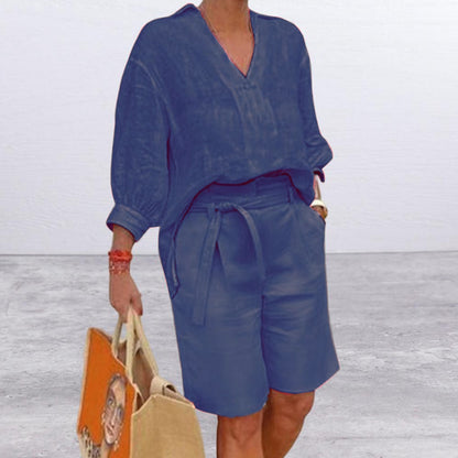 Women's Linen Two Piece Set V Neck Blouse and High Waist Shorts Casual Summer Matching Outfit
