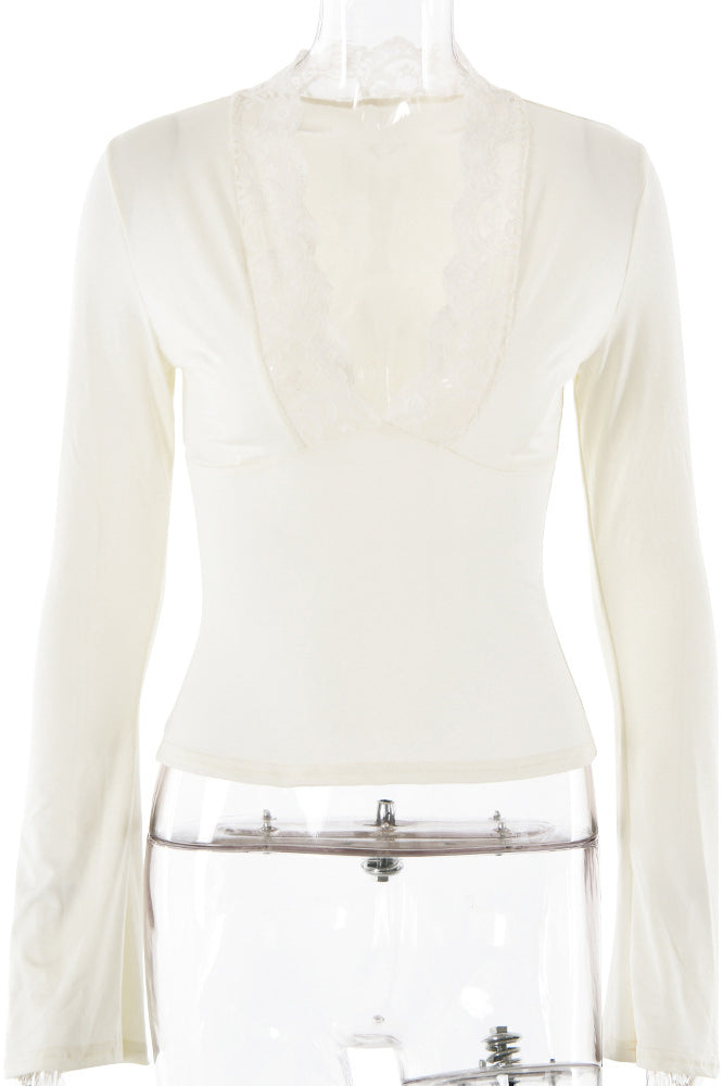 Lace Trimmed Deep V Flared Long Sleeved TopWomen's Lace Trim Deep V Neck Top Long Sleeve Slim Fit Flare Sleeve Blouse - Seldom Seen Styles