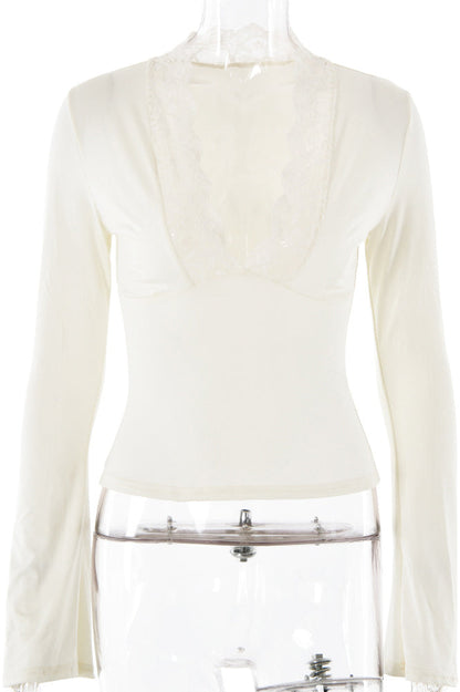 Lace Trimmed Deep V Flared Long Sleeved TopWomen's Lace Trim Deep V Neck Top Long Sleeve Slim Fit Flare Sleeve Blouse