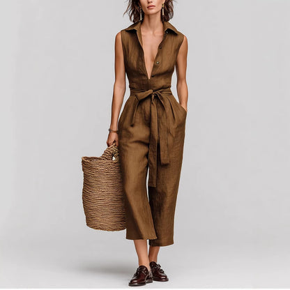 Women's Linen Blend Sleeveless V-Neck Belted Jumpsuit Casual Summer Vacation Outfit