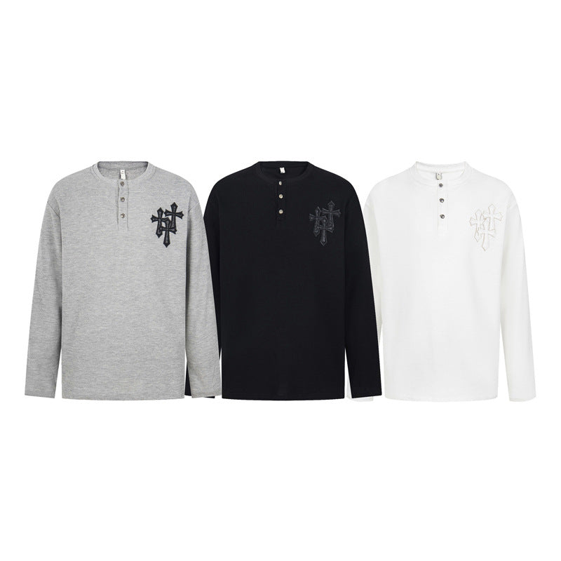 Cross Leather Embroidery Loose Casual Long Sleeve Shirt Retro American Street Style Thin Bottoming Top Fall Streetwear | Cross Stitch
