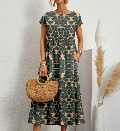 Women's Printed Cotton Linen Maxi Dress Casual Loose Summer Dress