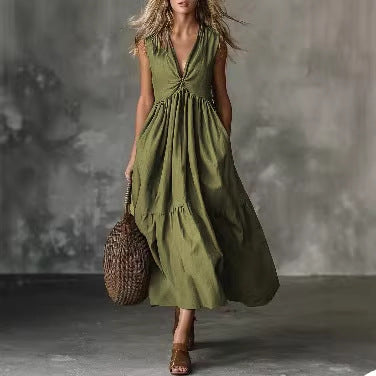 Women's Solid Color Sleeveless V-Neck Dress Elegant Casual Summer Vacation Midi Dress - Seldom Seen Styles