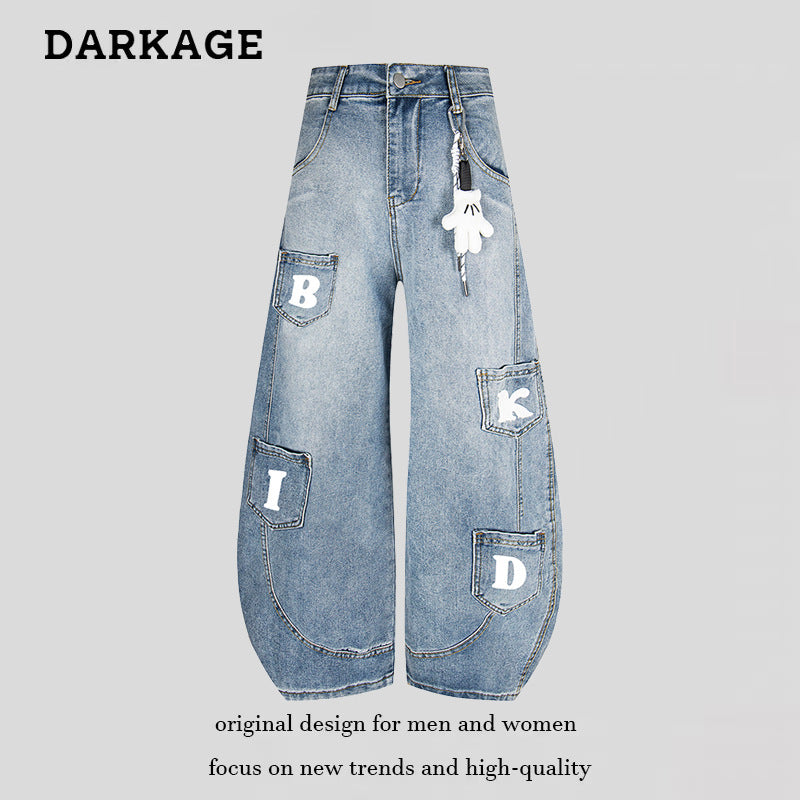 DARKAGE BKID Multi-Pocket Washed Vintage Wide-Leg Jeans