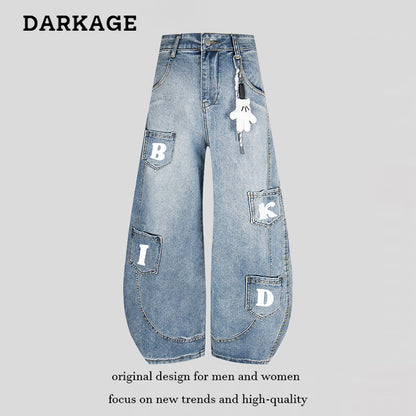 DARKAGE BKID Multi-Pocket Washed Vintage Wide-Leg Jeans