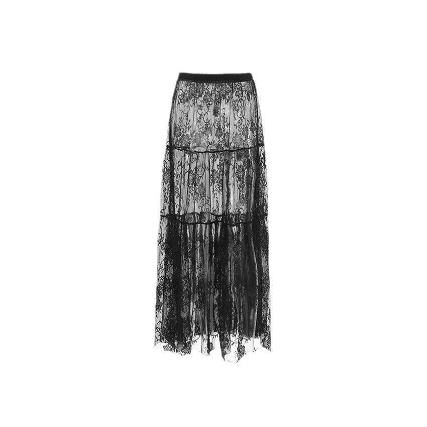 Sexy lace perspective high waist commuter black skirt women's summer 2026 European and American fashion mesh dress wholesale - Seldom Seen Styles
