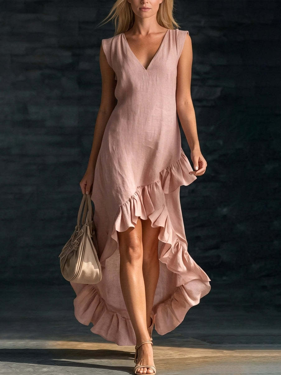 Women's V Neck Ruffle Hem Sleeveless Maxi Dress Cotton Linen Loose Fit Casual Summer Beach Dress - Seldom Seen Styles