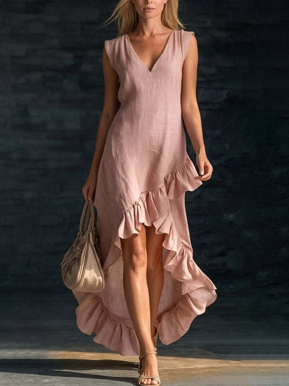 Women's V Neck Ruffle Hem Sleeveless Maxi Dress Cotton Linen Loose Fit Casual Summer Beach Dress