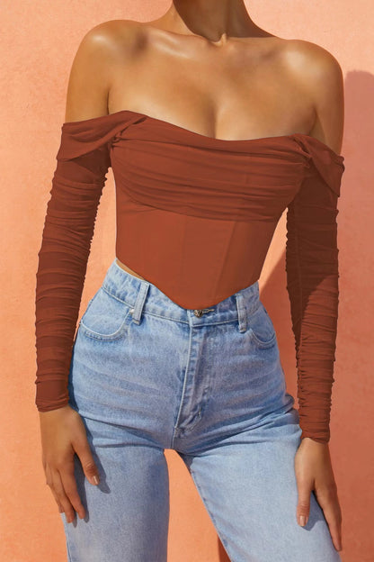 Women's clothing autumn and winter mesh yarn fish bone perspective one-word collar exposed navel short long-sleeved top women