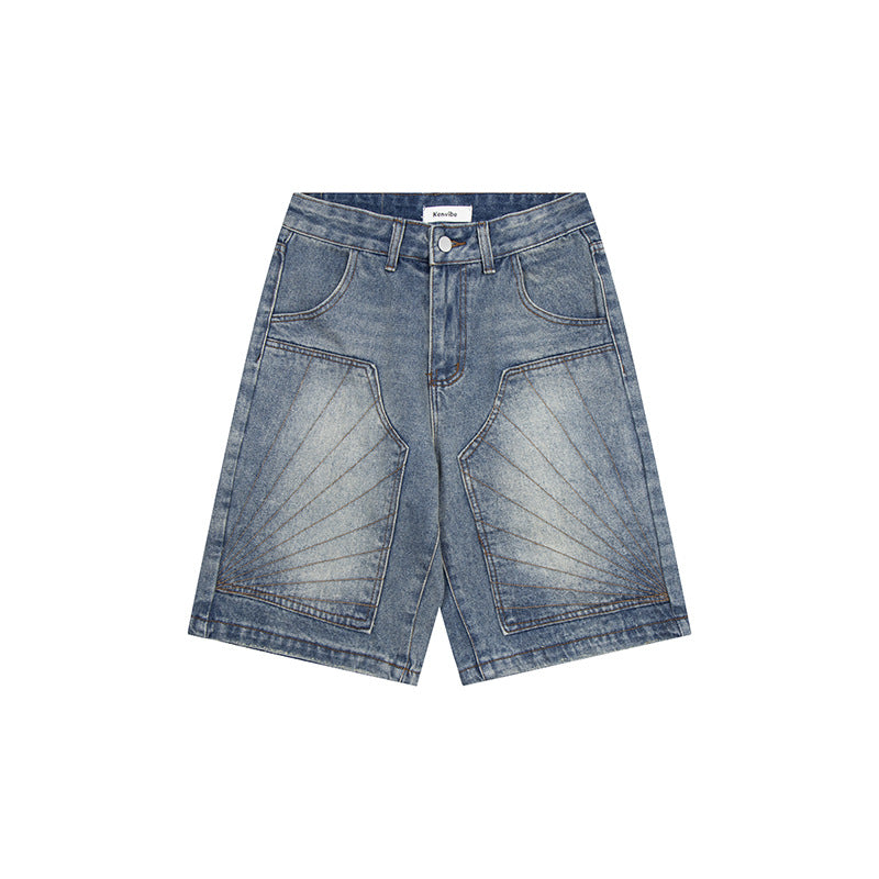 DARKAGE Vintage Washed Sunburst Pleated Denim Shorts