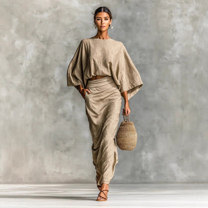 Women's Linen Blend Batwing Sleeve Top and Maxi Skirt Set Elegant Two Piece Matching Outfit
