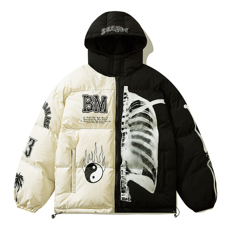Women's Street Guochao Flame Taichi Contrast Color Hooded Thickened Puffer Jacket American Retro Unisex | Taichi Flame Puffer