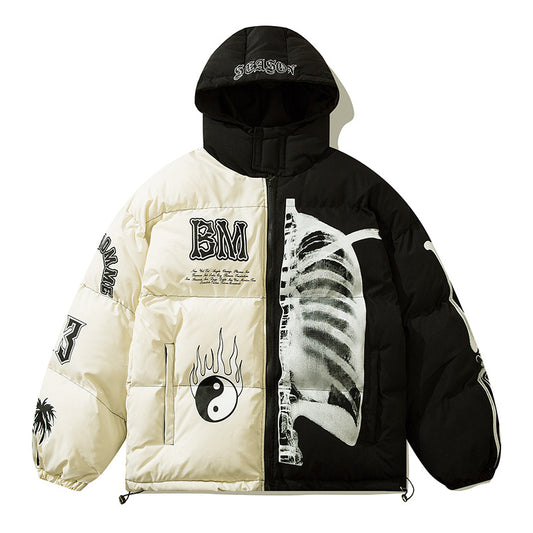 Women's Street Guochao Flame Taichi Contrast Color Hooded Thickened Puffer Jacket American Retro Unisex | Taichi Flame Puffer