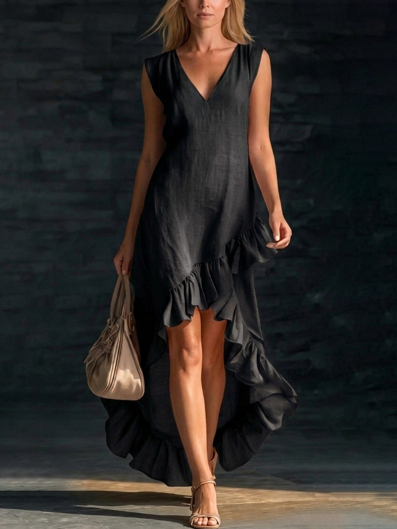 Women's V Neck Ruffle Hem Sleeveless Maxi Dress Cotton Linen Loose Fit Casual Summer Beach Dress - Seldom Seen Styles