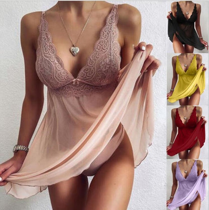 Women's Sheer Mesh Babydoll Lingerie Set Floral Lace V Neck Chemise Nightgown Sexy Sleepwear with Matching Panties
