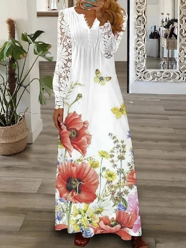 Women's Lace Maxi Dress Long Sleeve Boho Spring Summer Casual Dress - Seldom Seen Styles