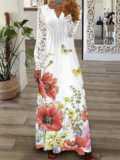 Women's Lace Maxi Dress Long Sleeve Boho Spring Summer Casual Dress
