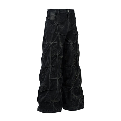 Heavy Washed Distressed Pleated Baggy Jeans