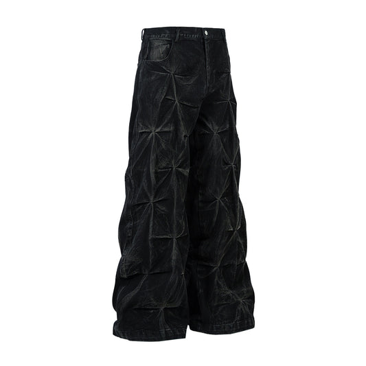 Heavy Washed Distressed Pleated Baggy Jeans