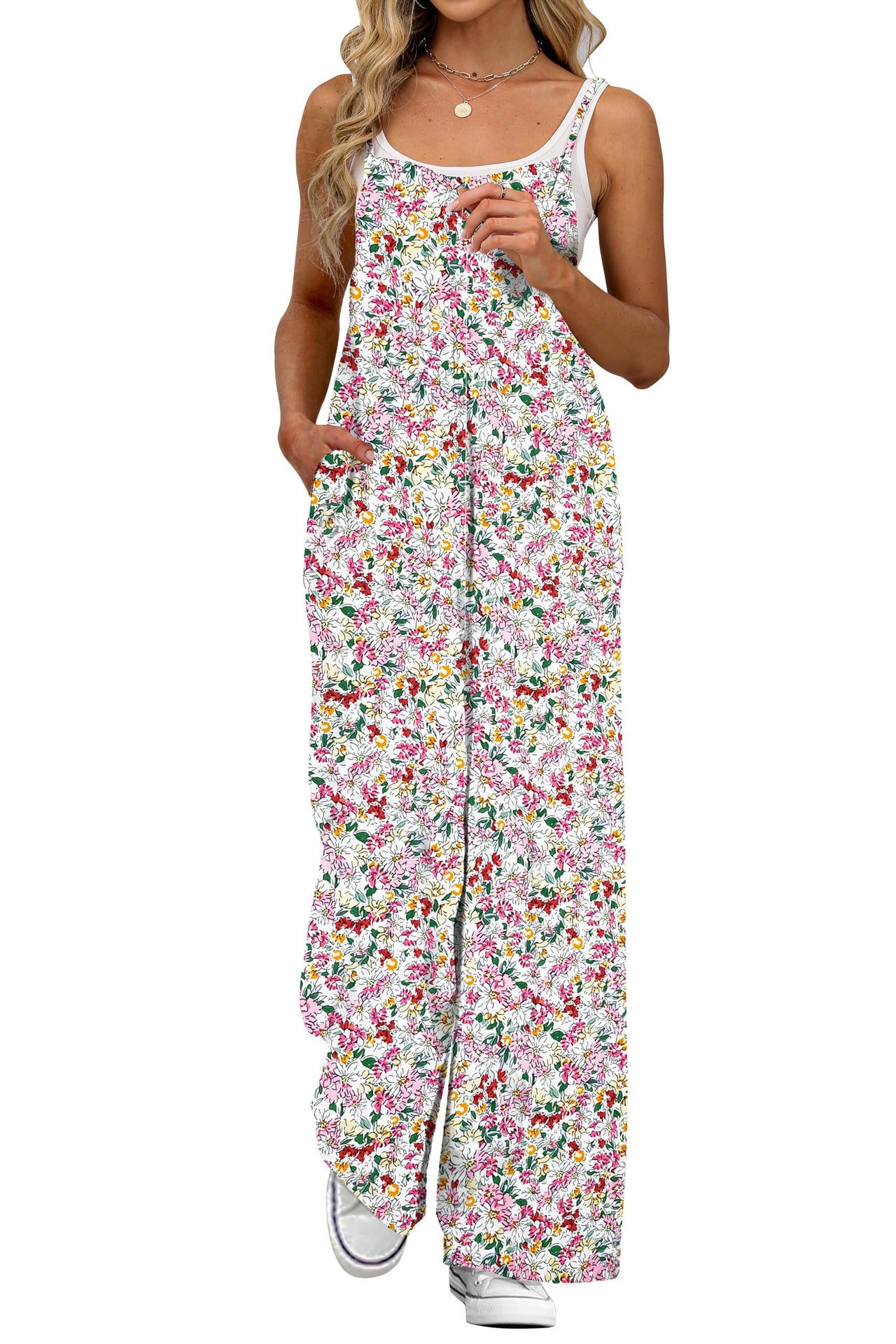 Women's Floral Print Jumpsuit Sleeveless Wide Leg Jumpsuit Adjustable Strap Casual Summer Romper with Pockets