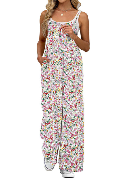 Women's Floral Print Jumpsuit Sleeveless Wide Leg Jumpsuit Adjustable Strap Casual Summer Romper with Pockets