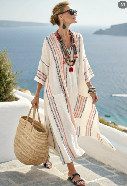 Women's Boho Linen Maxi Dress Oversized Kaftan Beach Cover Up Vacation Resort Dress