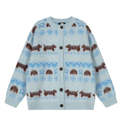 Women's Retro Puppy Jacquard Cardigan Sweater Loose Oversized Knitted Jacket Lazy Style Autumn Winter Unisex | Puppy Knit Cardi