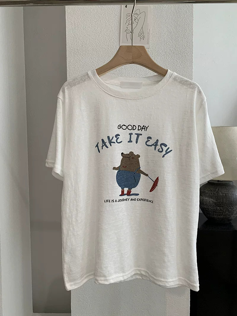 Retro Cartoon Bear Graphic T-Shirt – “Take It Easy” Loose Fit Casual Summer Tee - Seldom Seen Styles