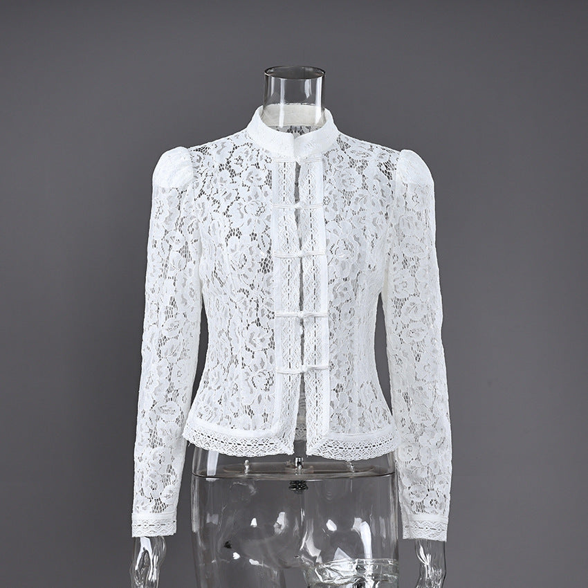Summer lace crochet stand-up collar slim-fitting shirt women's design sense fashion temperament commuting - Seldom Seen Styles