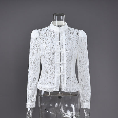 Summer lace crochet stand-up collar slim-fitting shirt women's design sense fashion temperament commuting