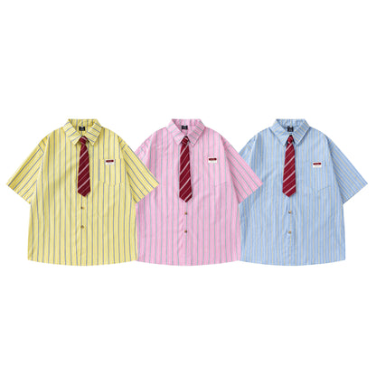 Striped Short-Sleeve Shirt with Tie