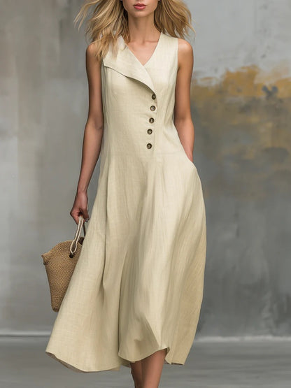 Women's Sleeveless Linen Midi Dress Button Front Lapel V Neck Casual A Line Summer Dress with Pockets