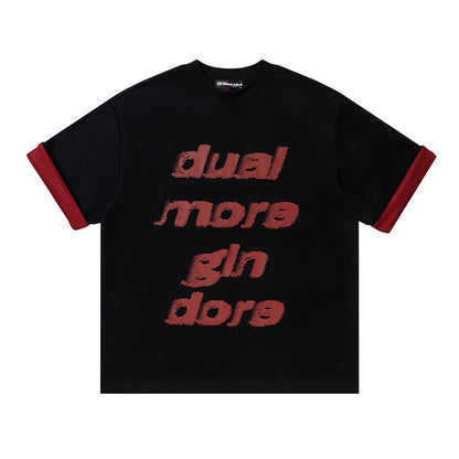 Dual More Gin Dore Graphic Oversized T-Shirt Contrast Cuff Crew Neck Casual Summer Streetwear Tee | Dual More Tee