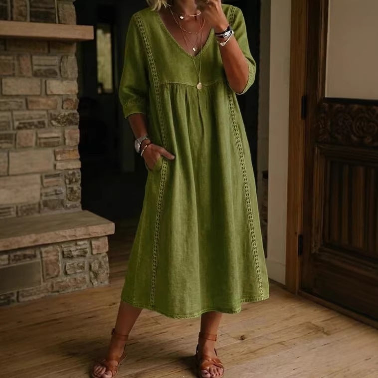 Women's V-Neck Lace Trim Linen Cotton Dress Loose Casual Summer Beach Vacation Dress - Seldom Seen Styles