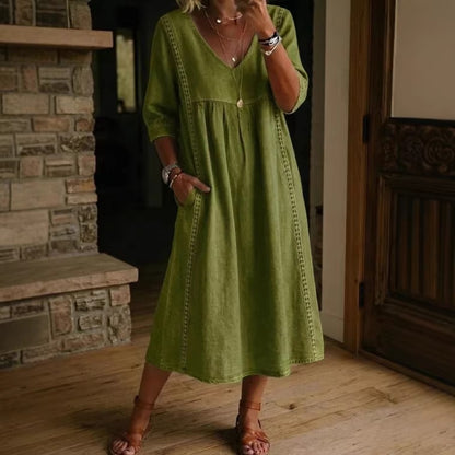 Women's V-Neck Lace Trim Linen Cotton Dress Loose Casual Summer Beach Vacation Dress