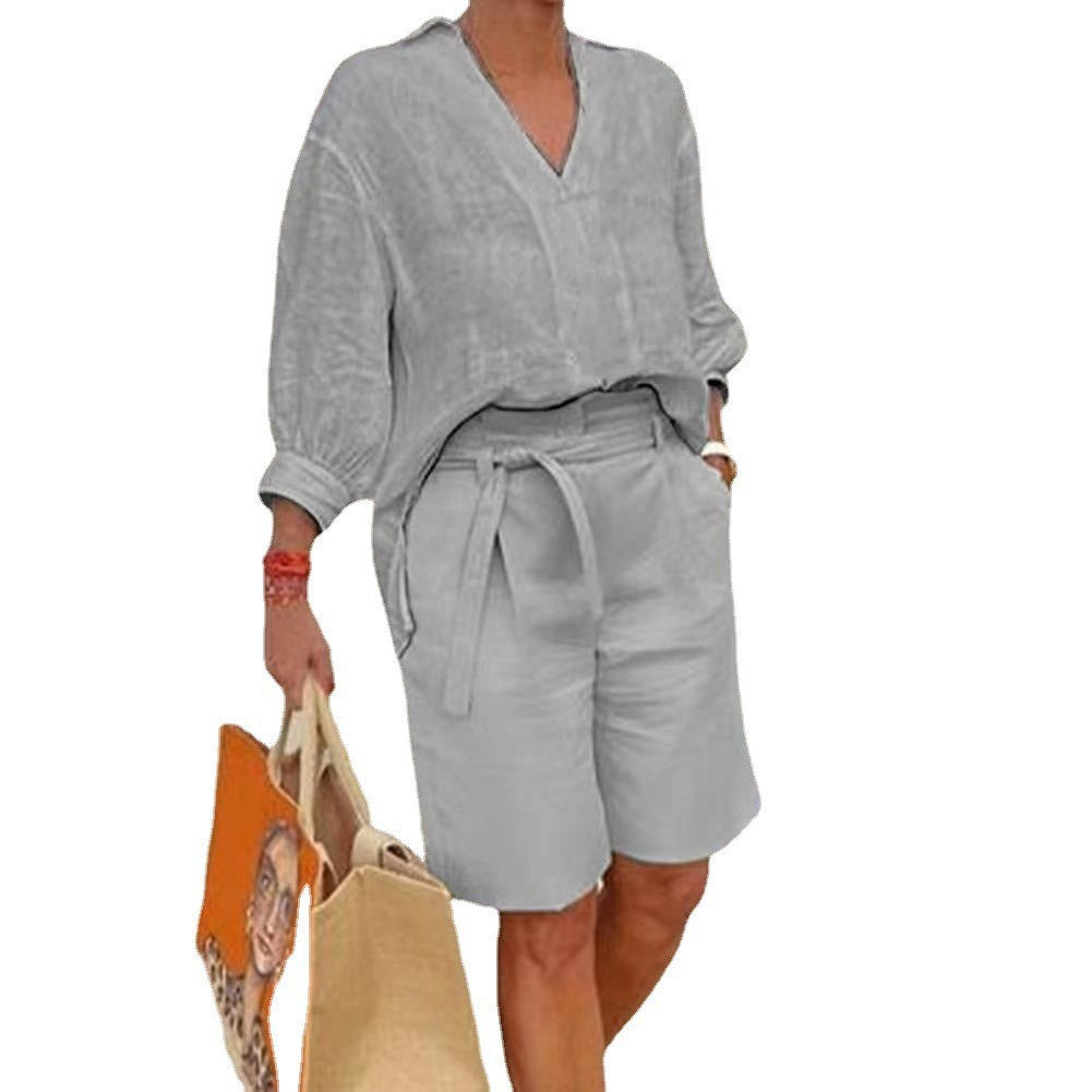 Women's Linen Two Piece Set V Neck Blouse and High Waist Shorts Casual Summer Matching Outfit