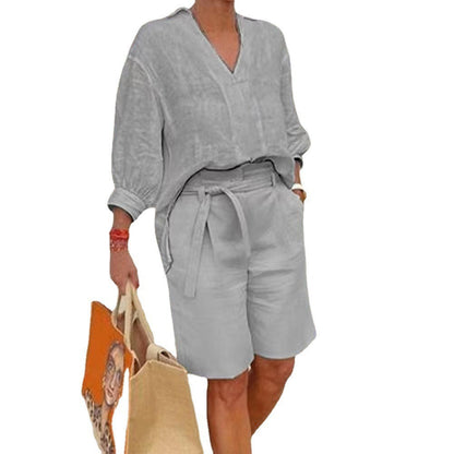 Women's Linen Two Piece Set V Neck Blouse and High Waist Shorts Casual Summer Matching Outfit