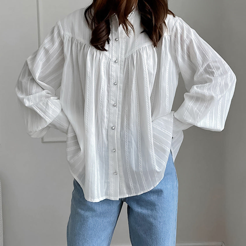 Cotton French shirt long-sleeved women's clothing 2025 spring and summer new simple bubble sleeve top - Seldom Seen Styles