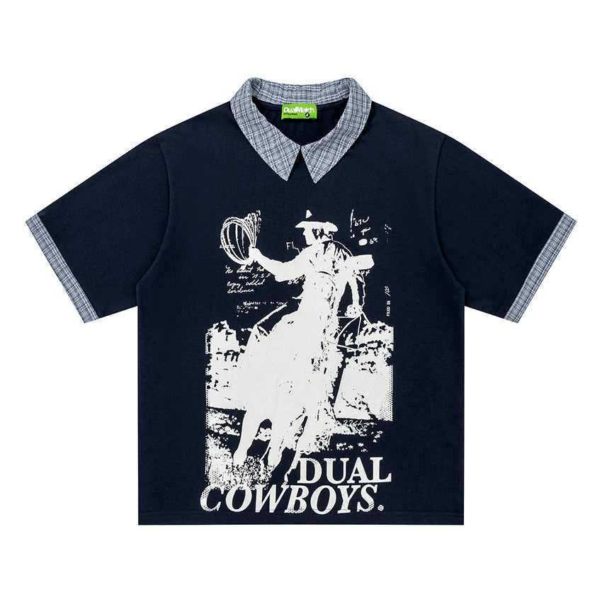 Dual Cowboys Graphic T-Shirt Short Sleeve Contrast Collar Oversized Casual Summer Streetwear Tee | Dual Cowboys Tee